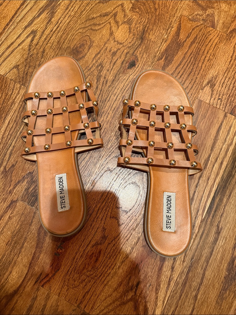 Steve Madden Tan Cage Slide Sandals with Gold Studs